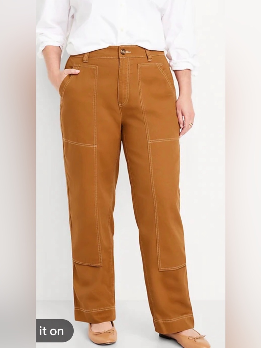 Old Navy Women’s High Ruse Straight Cargo Pants in Caramel With White Stitches.